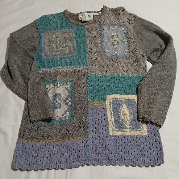 VTG Jantzen Classic Color Block Sweater Embroidered By Hand L/XL Grey/Aqua - Picture 3 of 16
